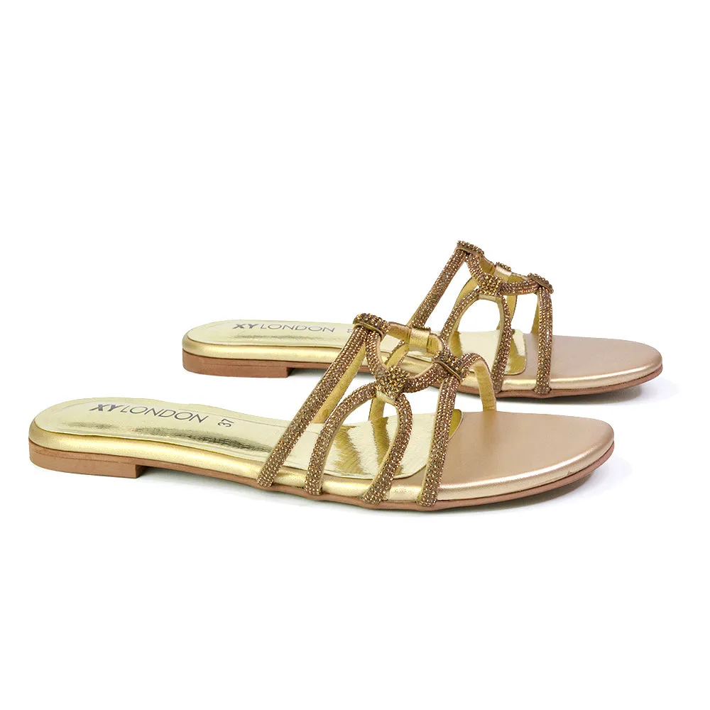 Tiger Slip On Summer Flat Diamante Sandal Statement Sparkly Sliders in Gold