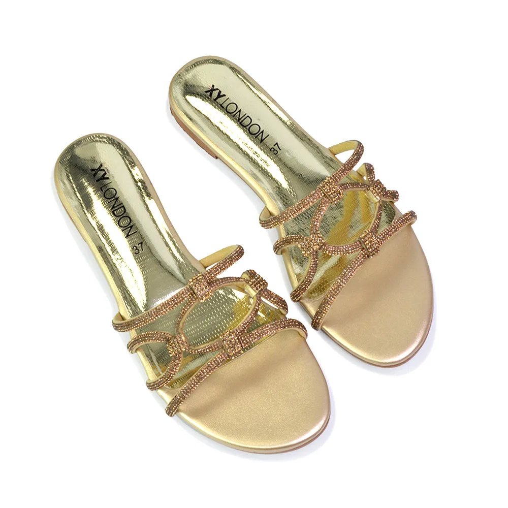 Tiger Slip On Summer Flat Diamante Sandal Statement Sparkly Sliders in Gold