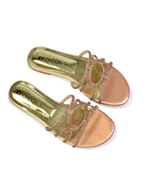 Tiger Slip On Summer Flat Diamante Sandal Statement Sparkly Sliders in Gold