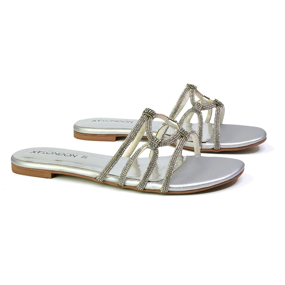 Tiger Slip On Summer Flat Diamante Sandal Statement Sparkly Sliders in Gold