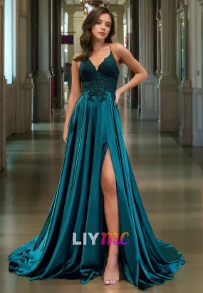 V-Neck Straps Appliques Pleated A-Line Prom Dress