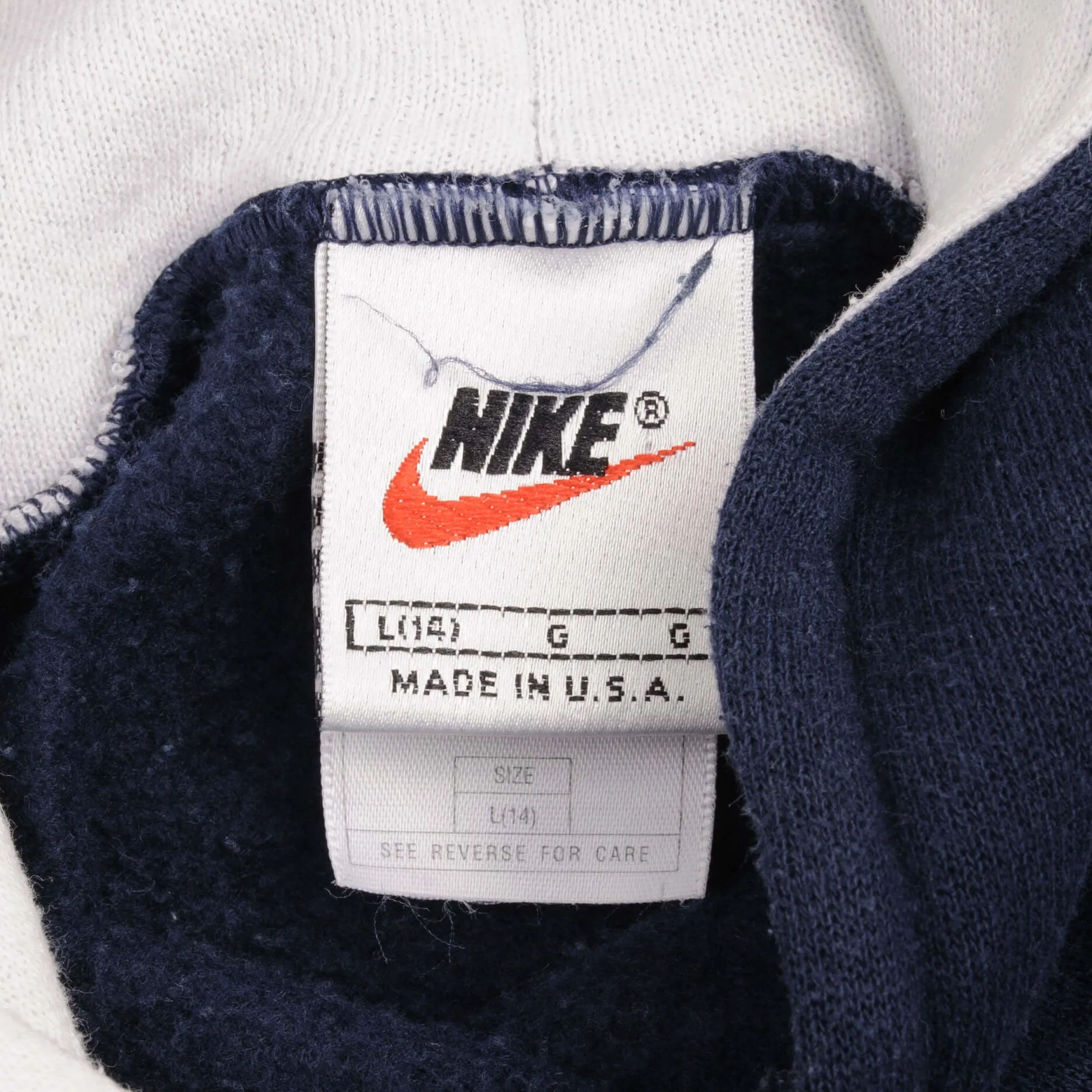 VINTAGE NIKE NAVY BLUE HOODIE SWEATSHIRT 1990S LARGE YOUTH (14YR) MADE IN USA