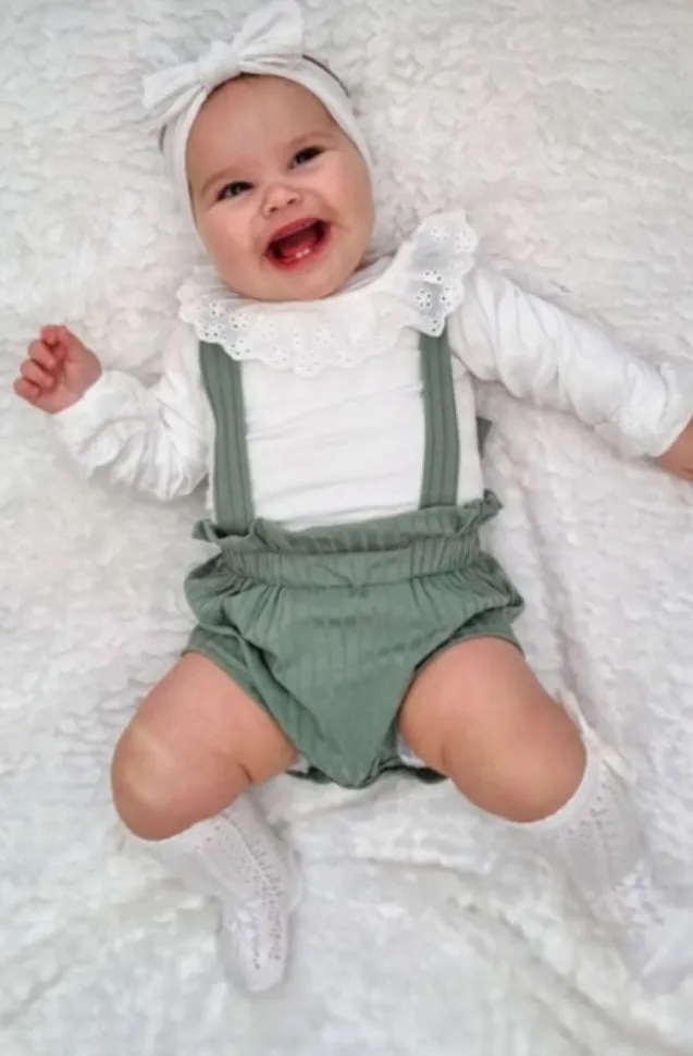 White Romper with Lace Neckline and Mint Green Overalls #1000388