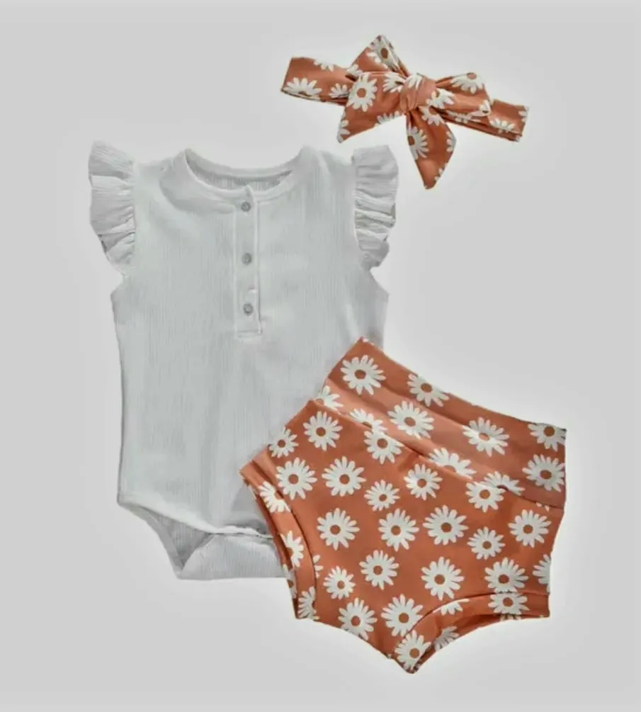 White Ruffle Romper with Floral Bloomer and Headband #1000897