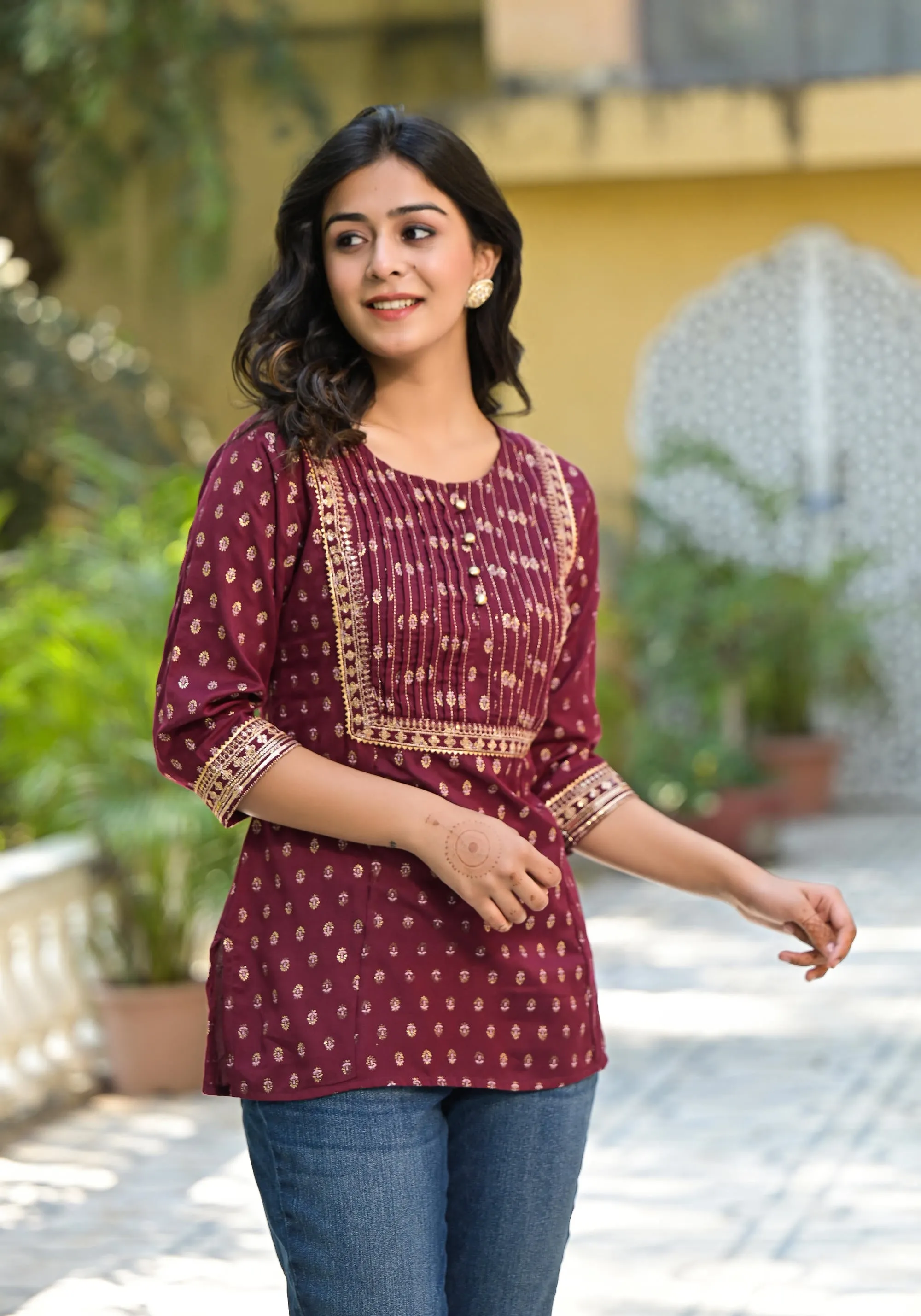 Wine Ethnic Motif Printed Liva Rayon Tunic With Sequins & Lace