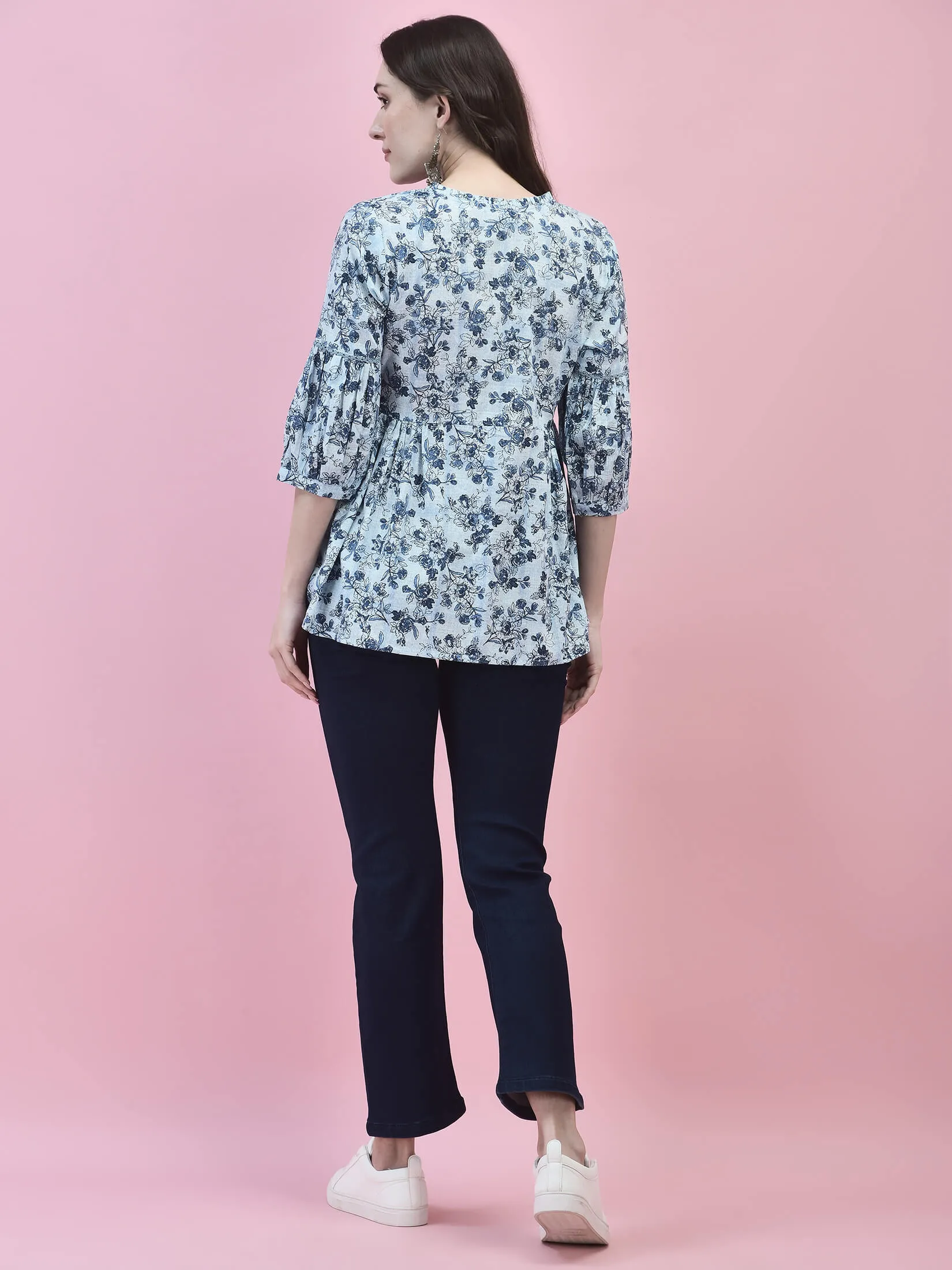 Women Cotton Blue Floral Print Tunic