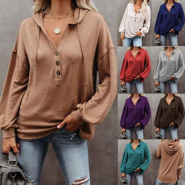 Women v neck button solid color lightweight hoodie sweatshirt