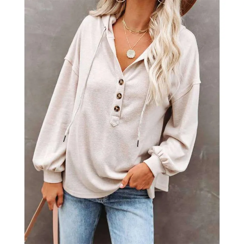 Women v neck button solid color lightweight hoodie sweatshirt