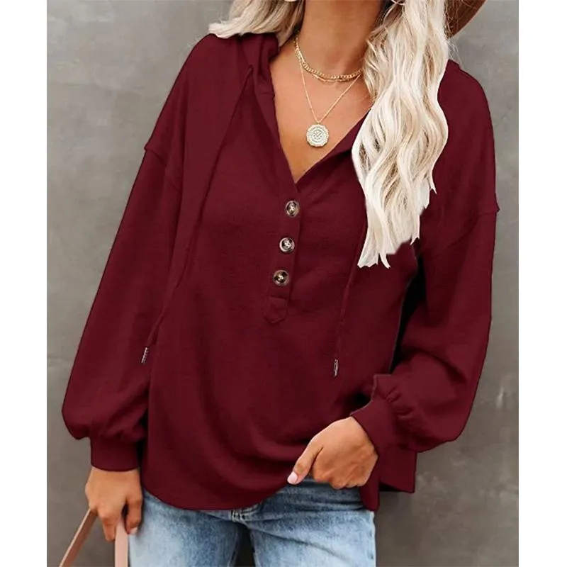 Women v neck button solid color lightweight hoodie sweatshirt