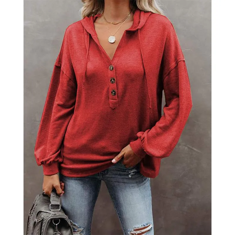 Women v neck button solid color lightweight hoodie sweatshirt