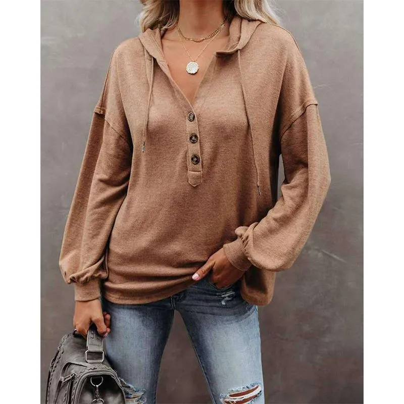 Women v neck button solid color lightweight hoodie sweatshirt