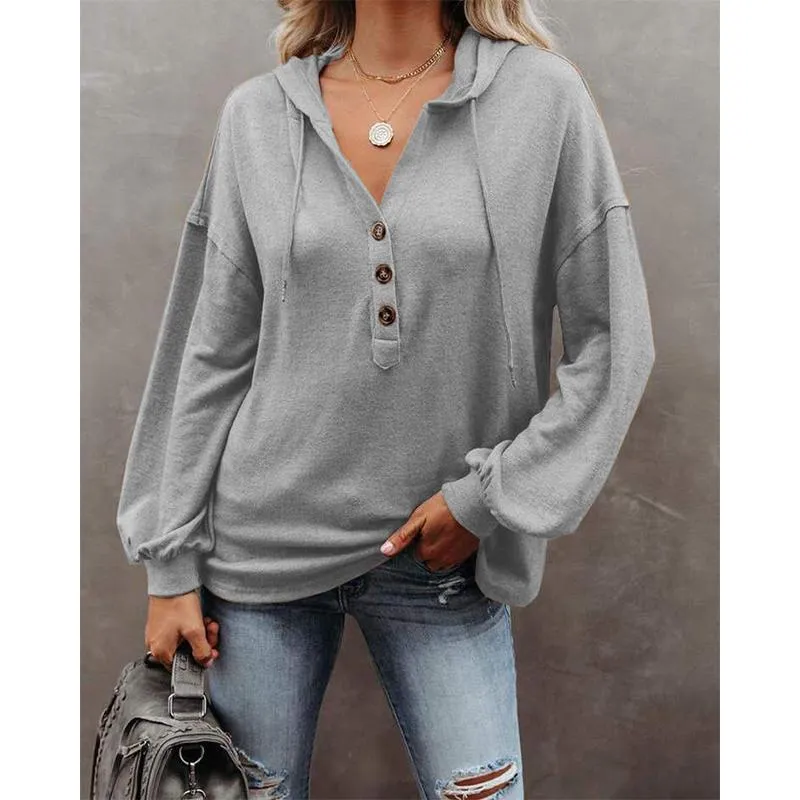 Women v neck button solid color lightweight hoodie sweatshirt