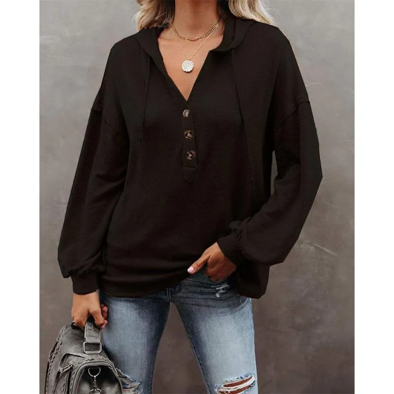 Women v neck button solid color lightweight hoodie sweatshirt