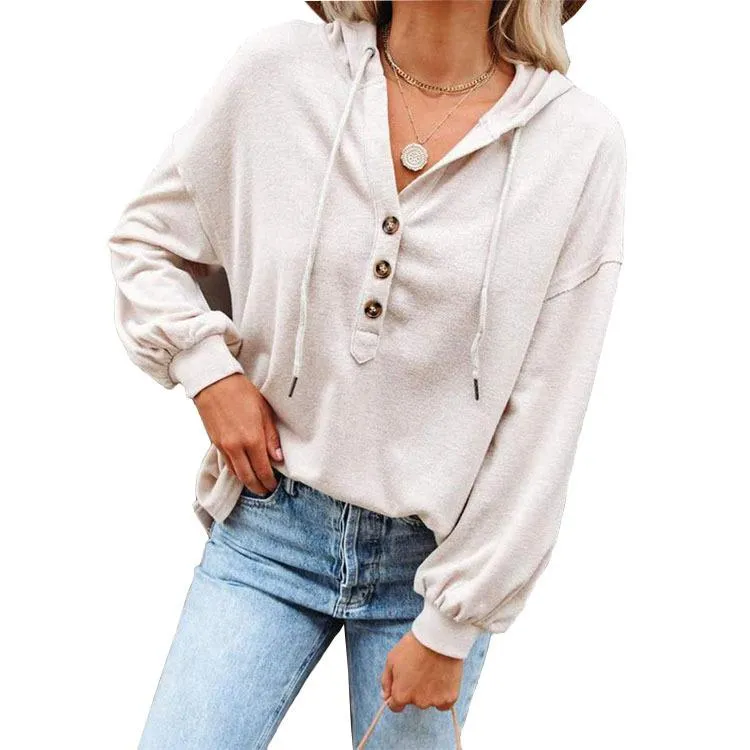 Women v neck button solid color lightweight hoodie sweatshirt