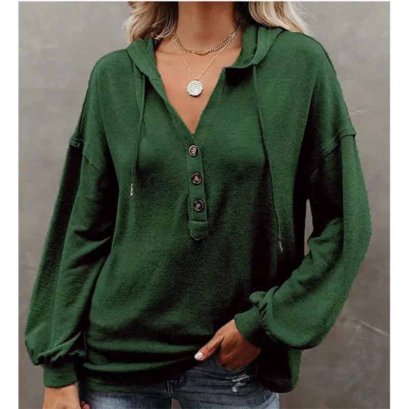 Women v neck button solid color lightweight hoodie sweatshirt