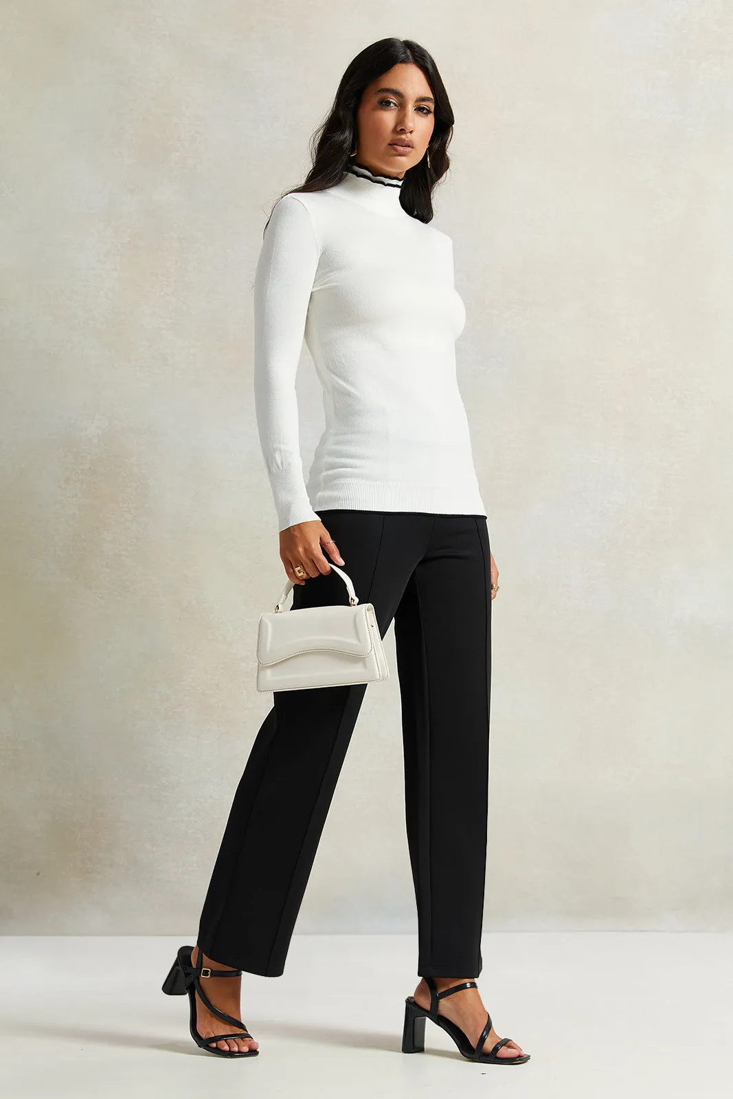 Women White Double Layer Turtle Neck Pullover