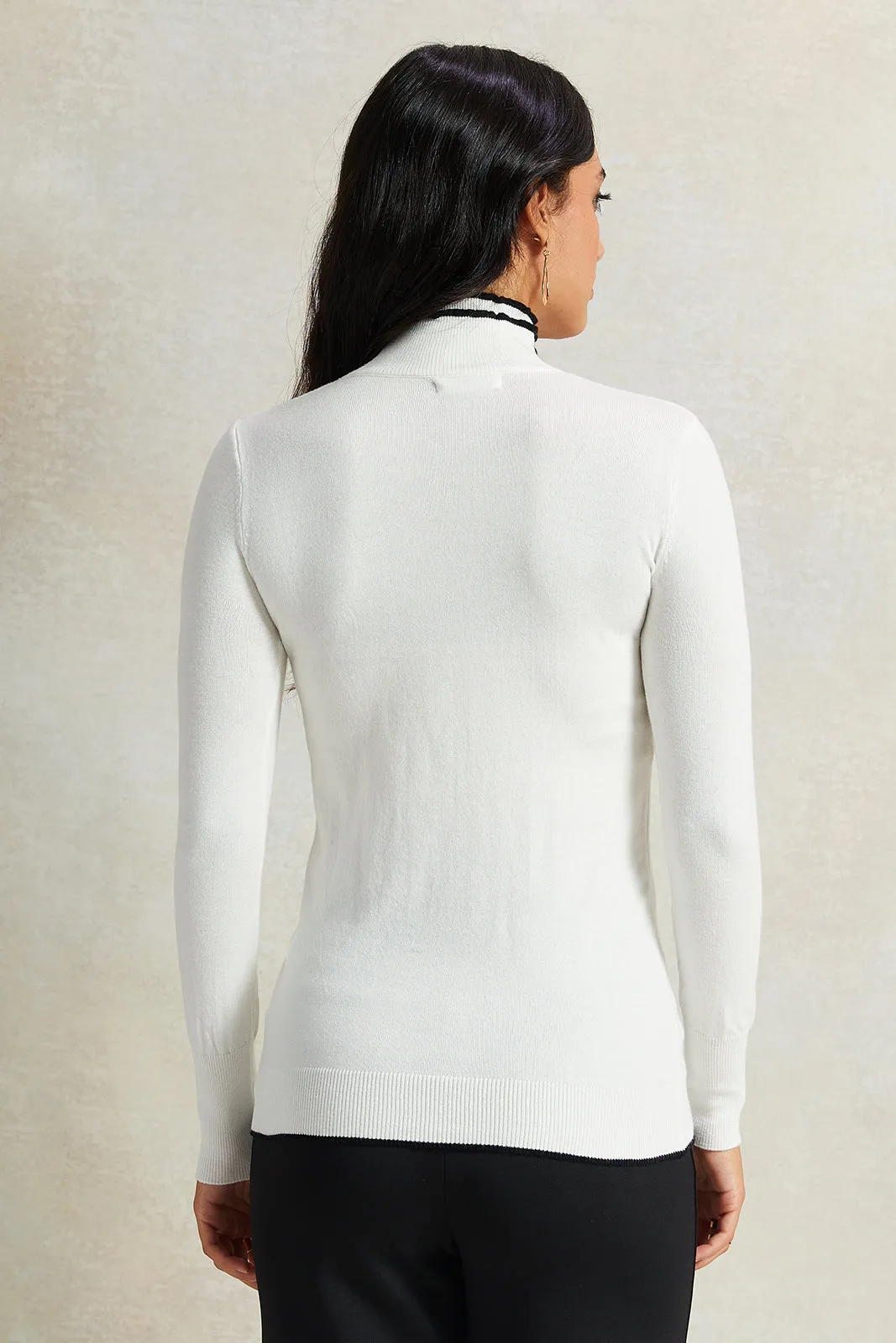 Women White Double Layer Turtle Neck Pullover