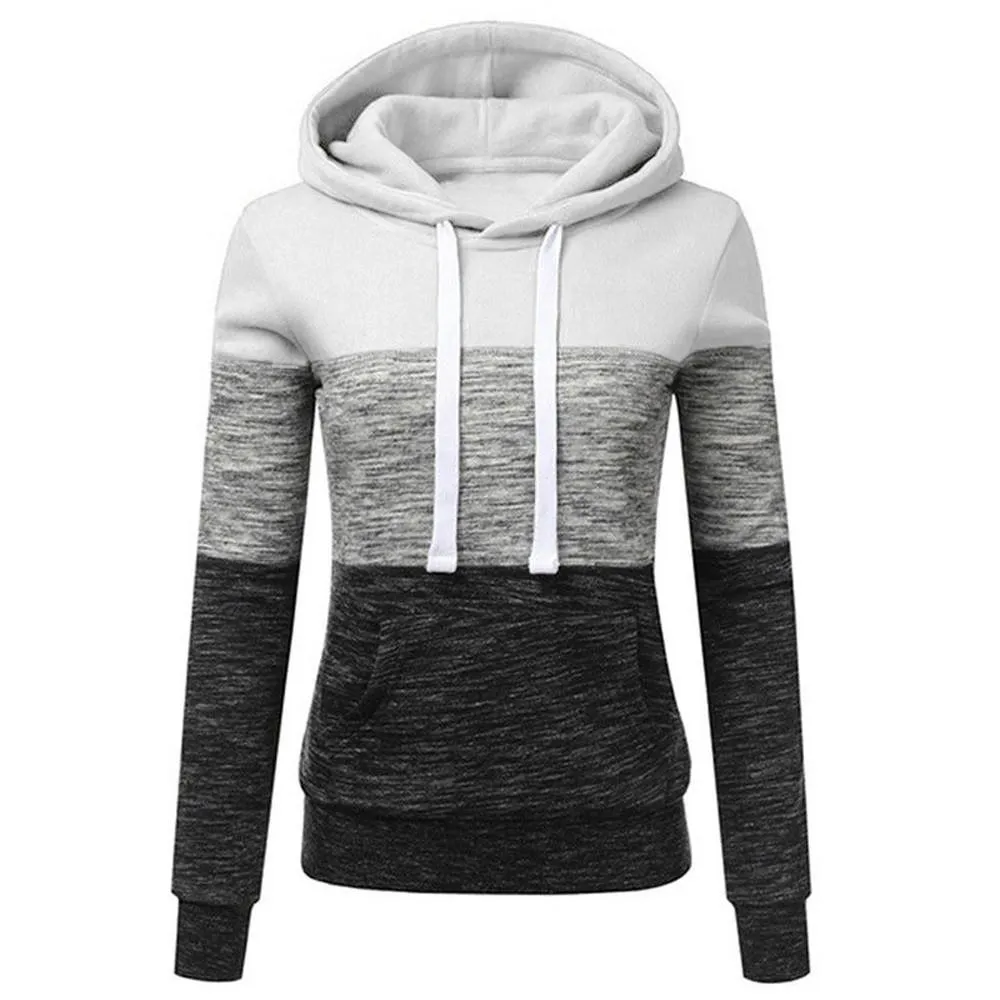 Women winter fall color block long sleeve hoodie sweatshirt