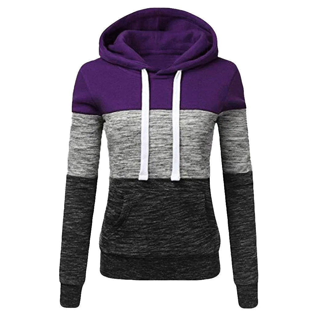 Women winter fall color block long sleeve hoodie sweatshirt