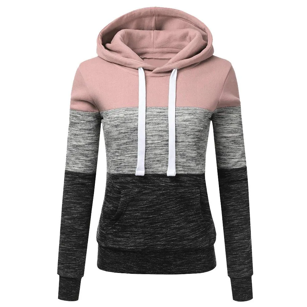 Women winter fall color block long sleeve hoodie sweatshirt