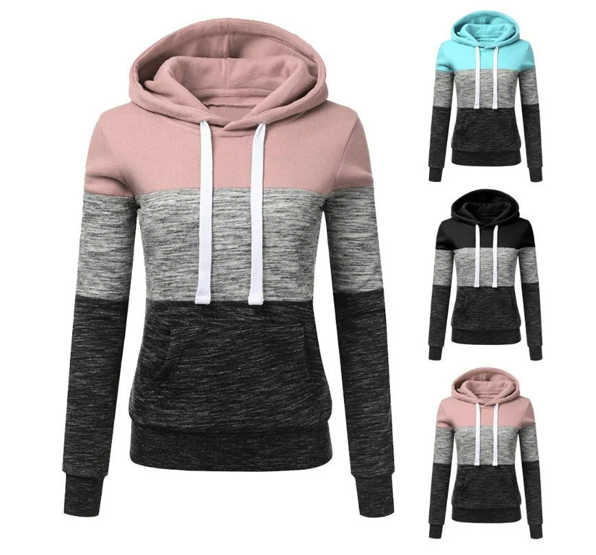 Women winter fall color block long sleeve hoodie sweatshirt