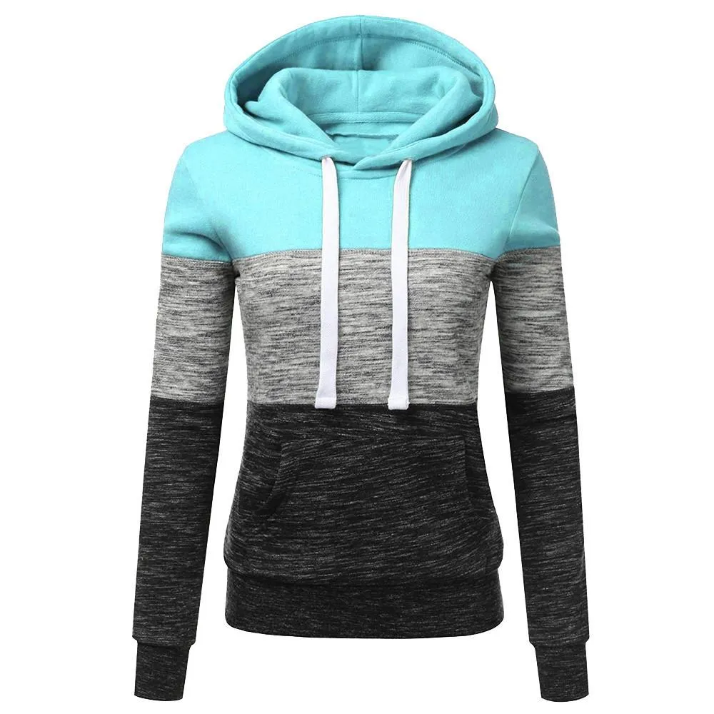 Women winter fall color block long sleeve hoodie sweatshirt