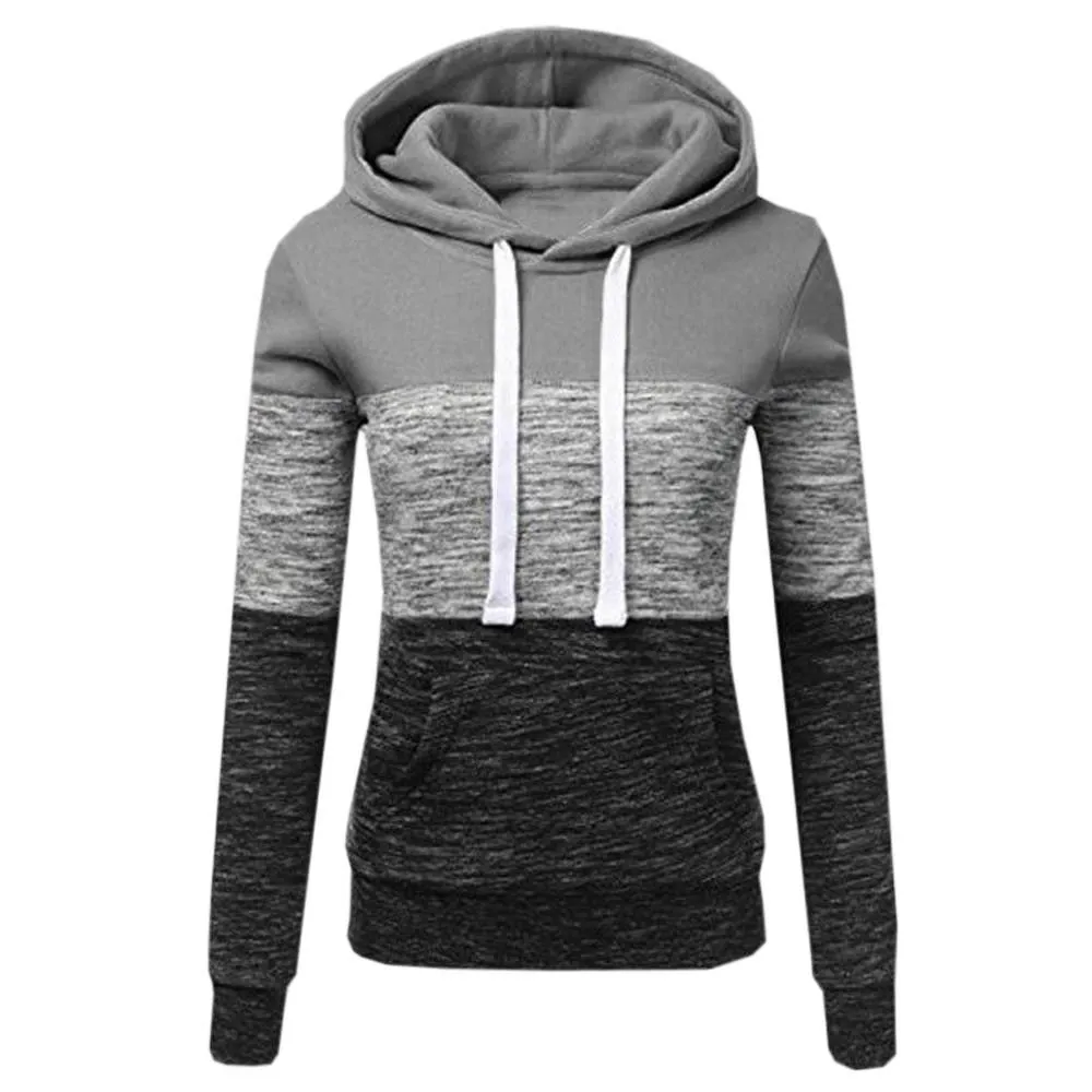 Women winter fall color block long sleeve hoodie sweatshirt