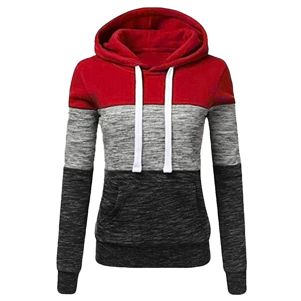 Women winter fall color block long sleeve hoodie sweatshirt