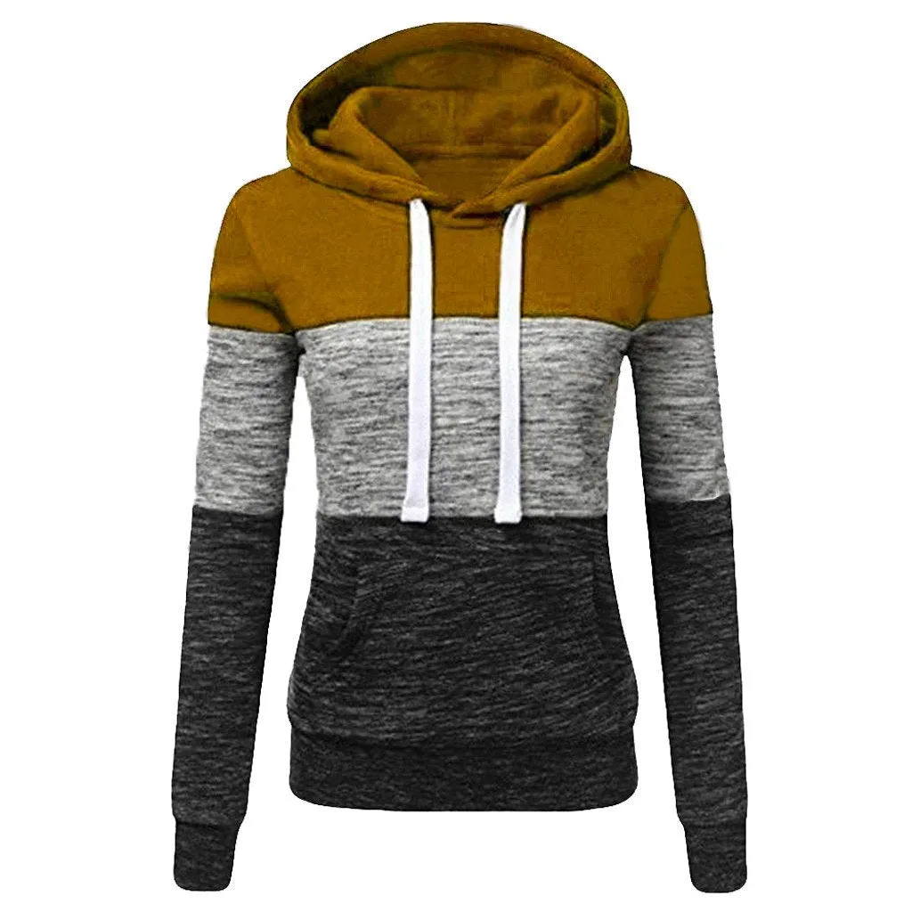 Women winter fall color block long sleeve hoodie sweatshirt