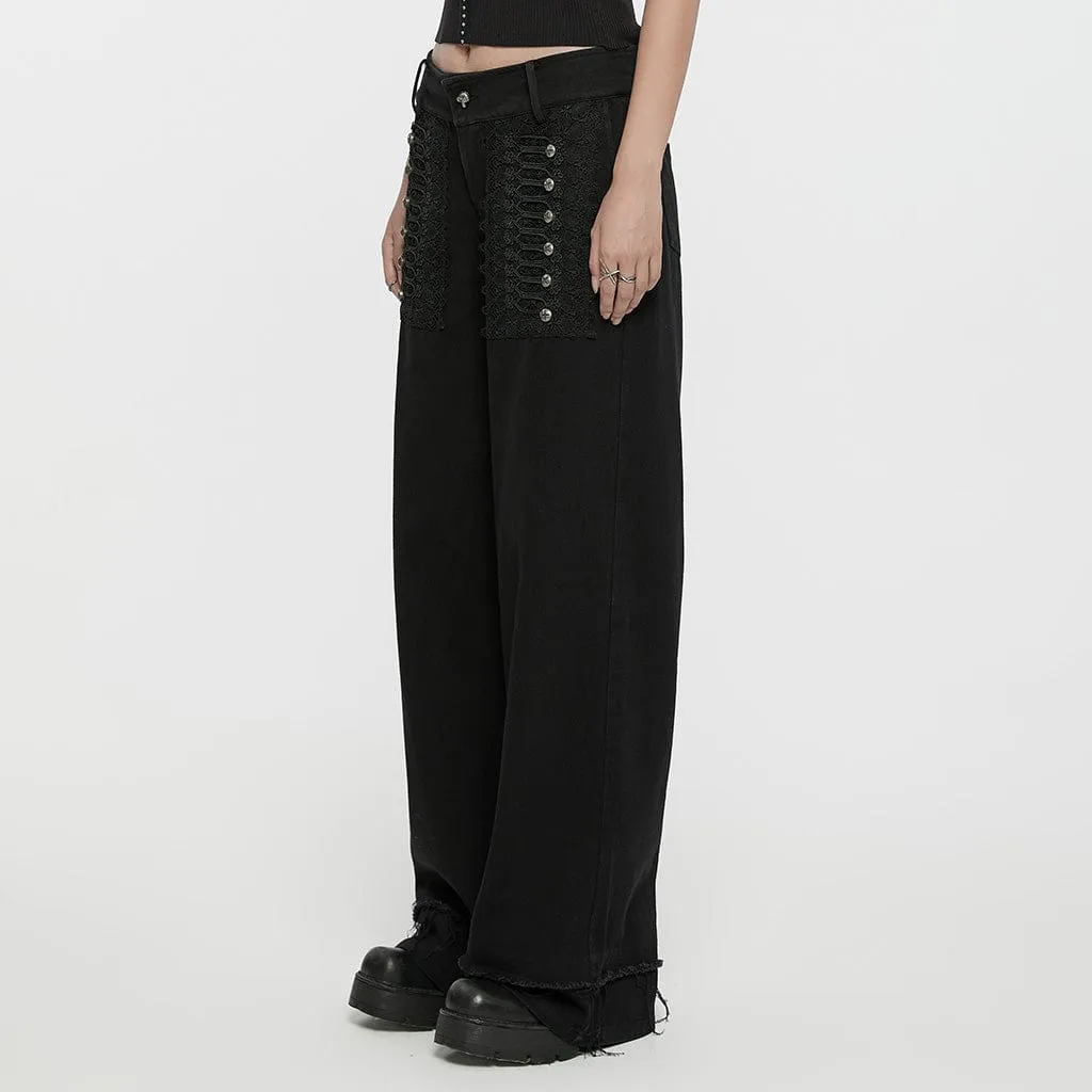 Women's Punk Lace Splice Unedged Denim Pants