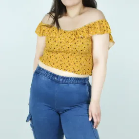 Women's Smocked Floral Crop Top,Mustard