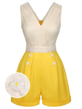 Yellow 1950s V-Neck Daisy Mesh Romper