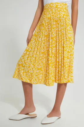 Yellow Floral Pleated Skirt