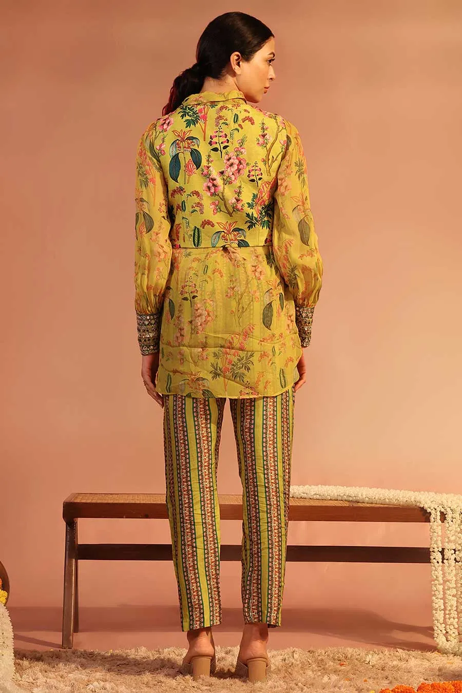 Yellow Tamaya Embroidered Tunic Set With Jacket