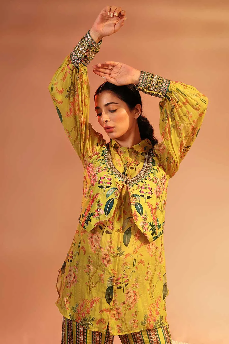 Yellow Tamaya Embroidered Tunic Set With Jacket