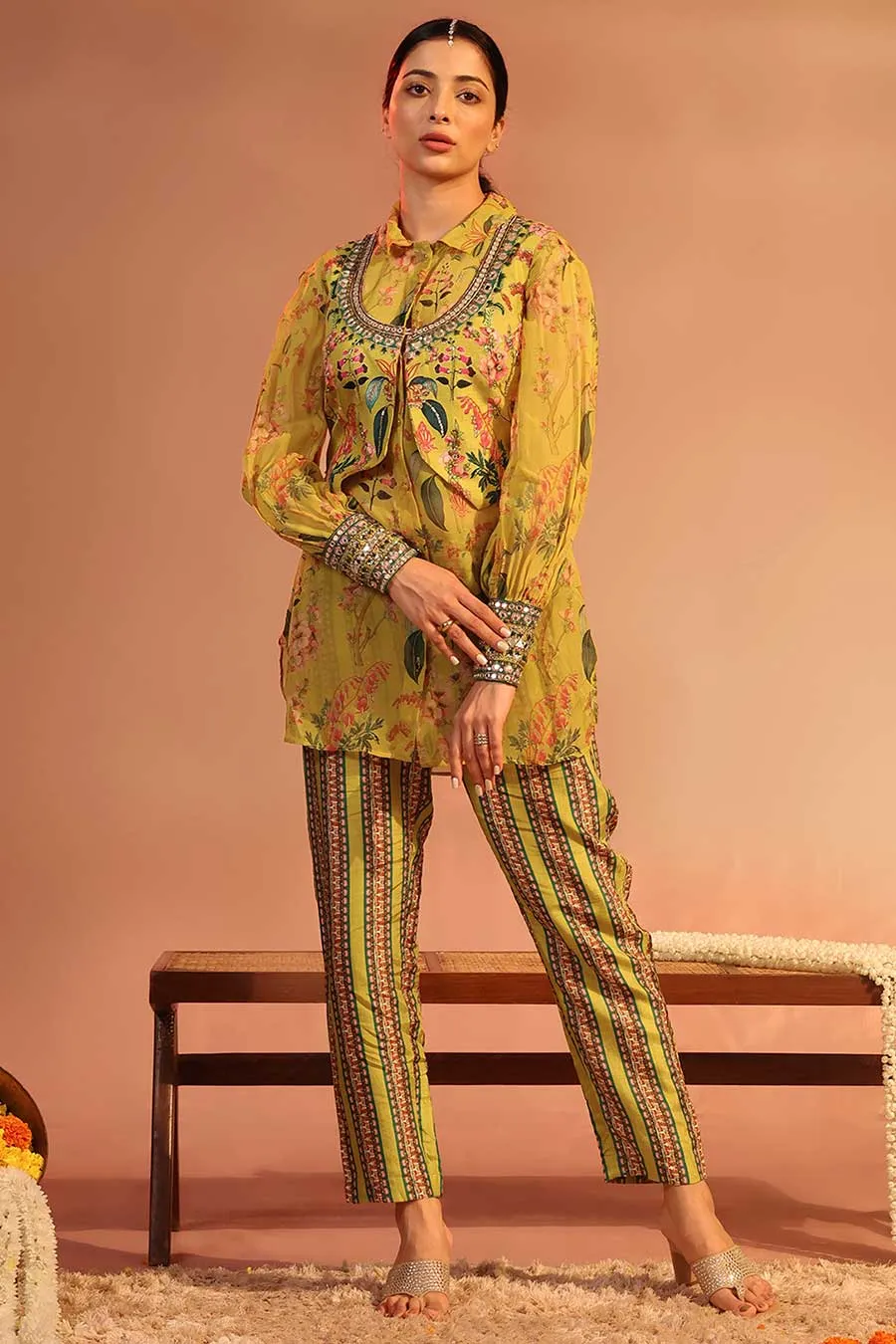 Yellow Tamaya Embroidered Tunic Set With Jacket